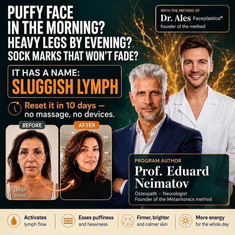 Puffy face in the morning? Heavy legs by evening? Sock marks that won't fade? It has a name: sluggish lymph. Reset it in 10 days — no massage, no devices. Before and after photos of a participant, with the lymph nodes marked. Activates lymph flow, eases puffiness and heaviness, firmer brighter and calmer skin, more energy for the whole day. Program author Prof. Eduard Neimatov, osteopath and neurologist, founder of the Metavitonics method, with the method of Dr. Ales, Faceplastica® founder.
