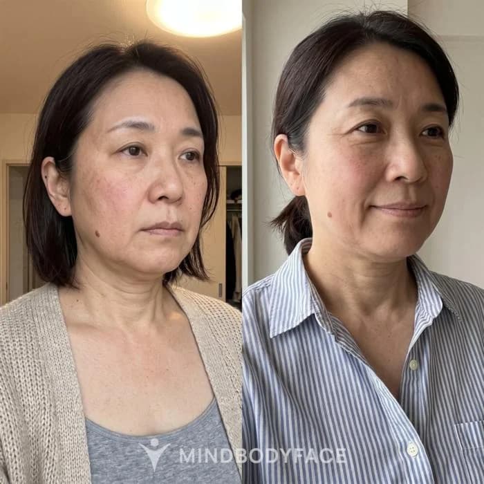Before and after: lifted brows, calmer forehead, tighter oval