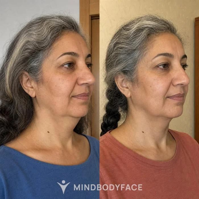 Before and after: reduced facial puffiness and a more defined oval