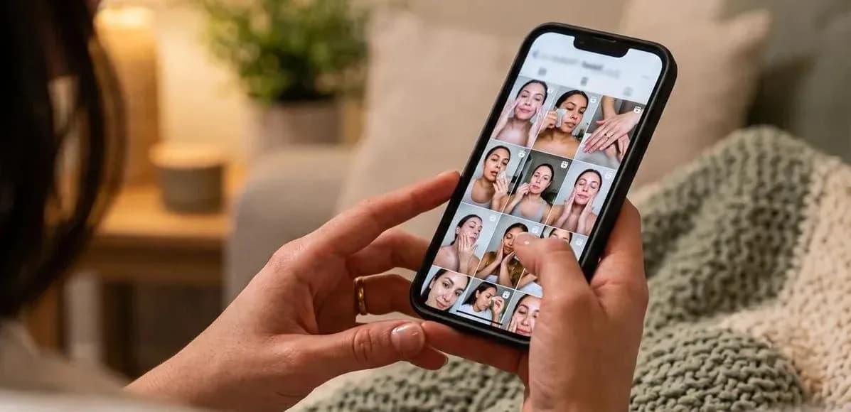 A hand holding a phone, scrolling a saved folder full of face-massage and taping videos
