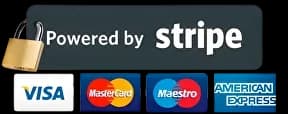 Powered by Stripe, Visa, MasterCard, Maestro, American Express