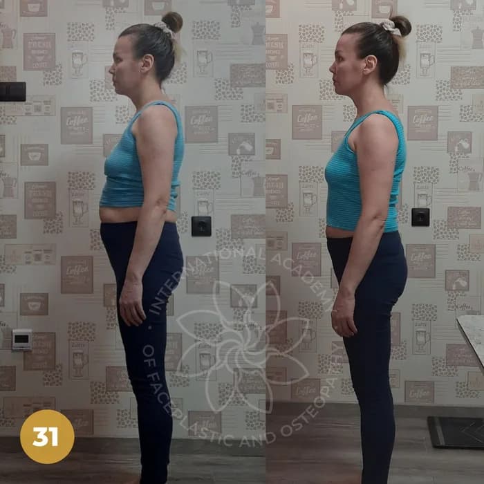 Ribs settle down and the lower back lengthens