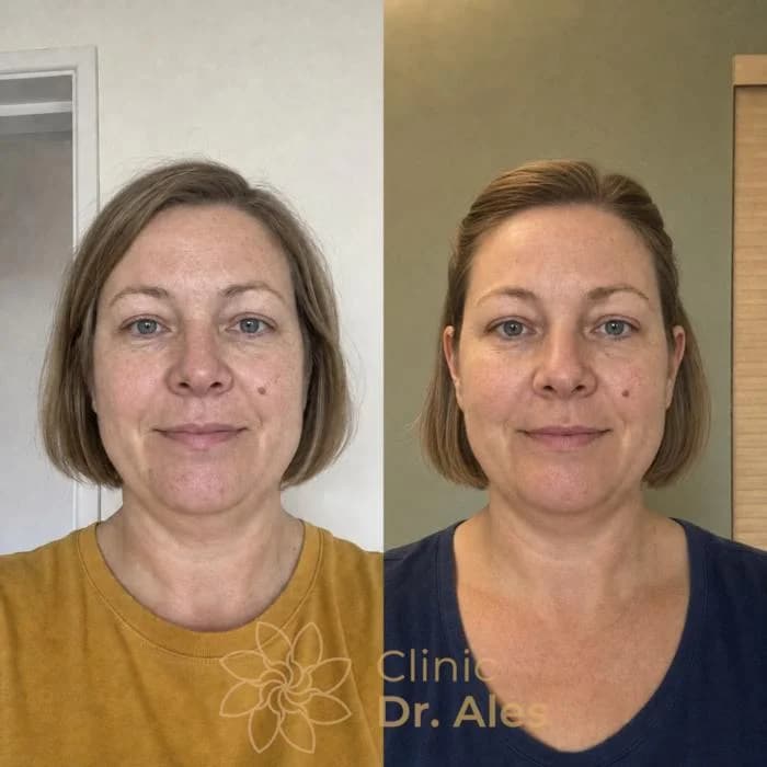 Before and after — Case 11: Reduced smile line depth, brighter mid-face