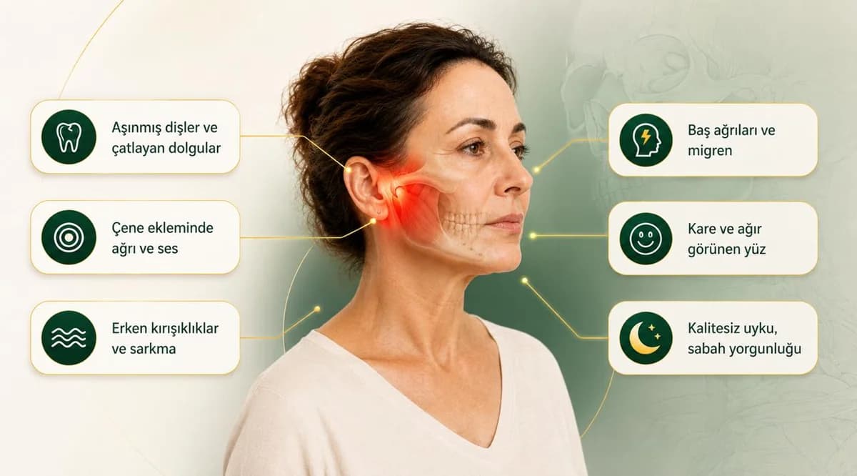 Bruksizmin sonuçları: aşınmış dişler, baş ağrıları, çene ekleminde ağrı, kare yüz, erken kırışıklıklar, kalitesiz uyku