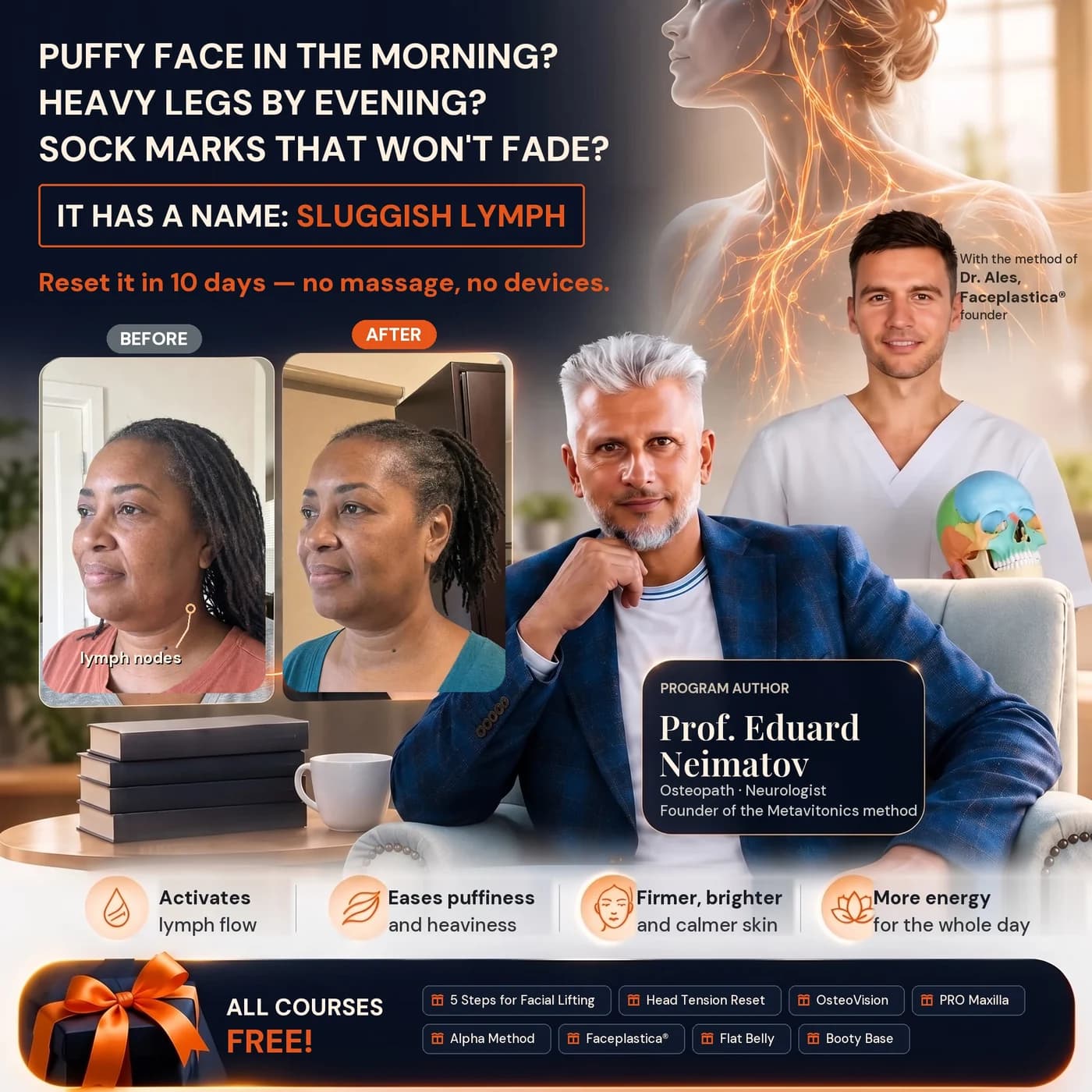 Puffy face in the morning? Heavy legs by evening? Sock marks that won't fade? It has a name: sluggish lymph. Reset it in 10 days — no massage, no devices. Before and after photos of a participant, with the lymph nodes marked. Activates lymph flow, eases puffiness and heaviness, firmer brighter and calmer skin, more energy for the whole day. Program author Prof. Eduard Neimatov, osteopath and neurologist, founder of the Metavitonics method, with the method of Dr. Ales, Faceplastica® founder. All courses free: 5 Steps for Facial Lifting, Head Tension Reset, OsteoVision, PRO Maxilla, Alpha Method, Faceplastica®, Flat Belly, Booty Base.