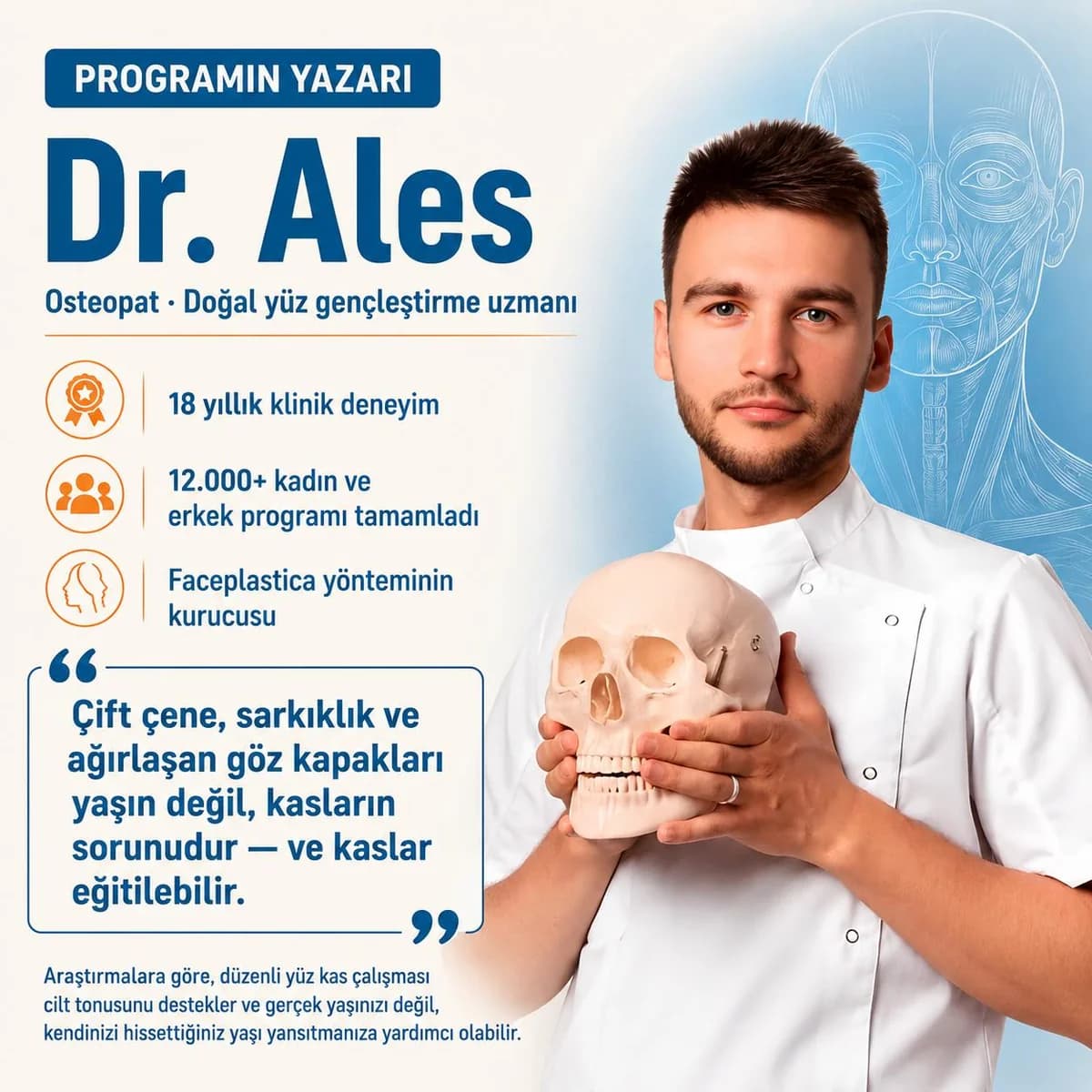 Dr. Ales — osteopat, 18 yıllık klinik deneyim, 12.000+ mezun, Faceplastica yönteminin kurucusu.