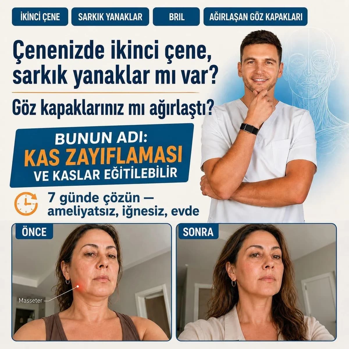 İkinci çene, sarkık yanaklar, brıl, ağırlaşan göz kapakları — bunun adı kas zayıflaması. 7 günde çözün. Dr. Ales, sadece ₺250, tüm kurslar hediye.