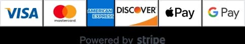Visa, Mastercard, American Express, Discover, Apple Pay and Google Pay. Powered by Stripe.
