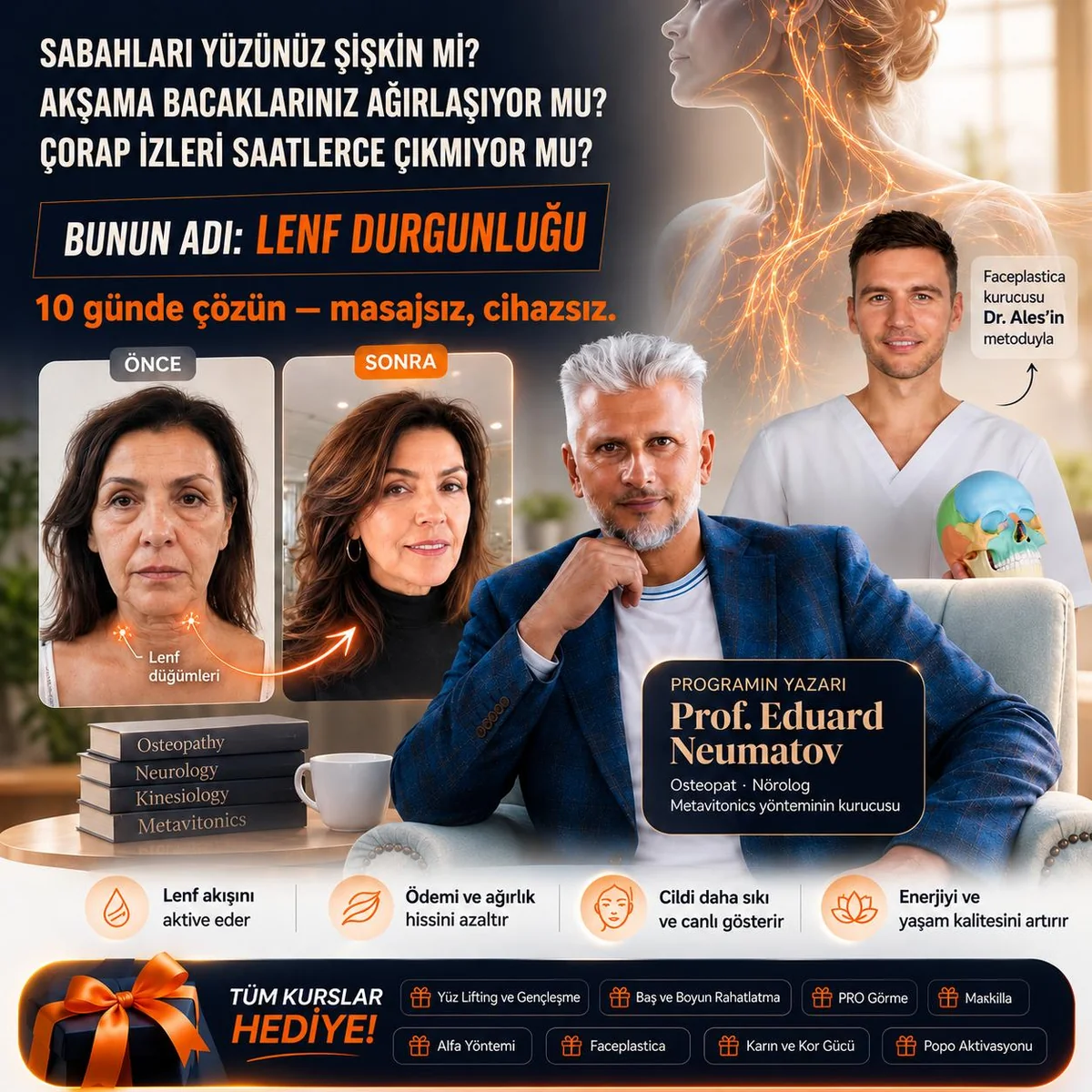 Sabahları yüzünüz şişkin mi? Bunun adı lenf durgunluğu. 10 günde çözün. Prof. Eduard Neumatov, sadece ₺250, tüm kurslar hediye.