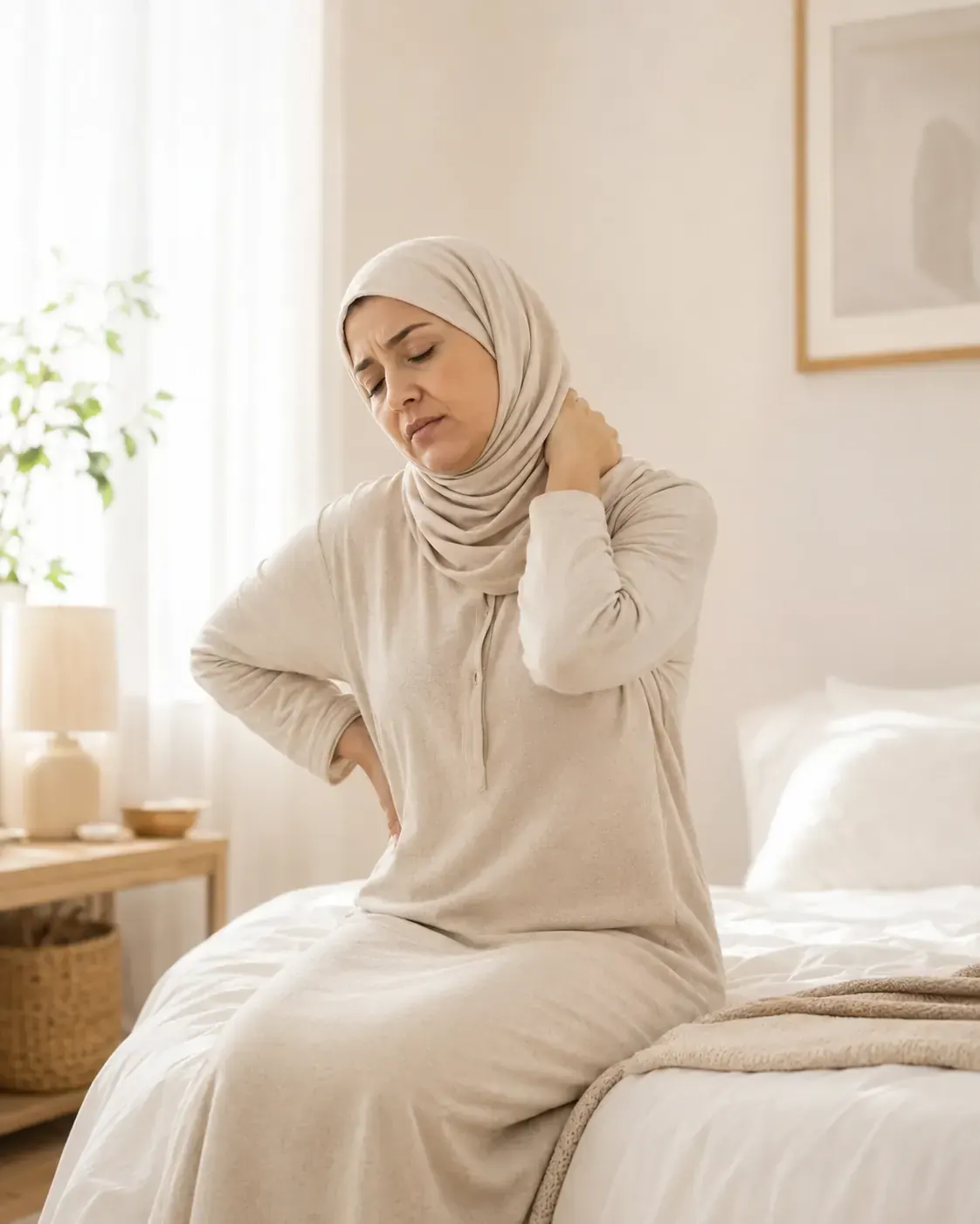 امرأة تشعر بألم في الرقبة والظهر